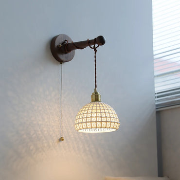 Chloé Ceramic Walnut Wall Lamp with Pull Chain Switch