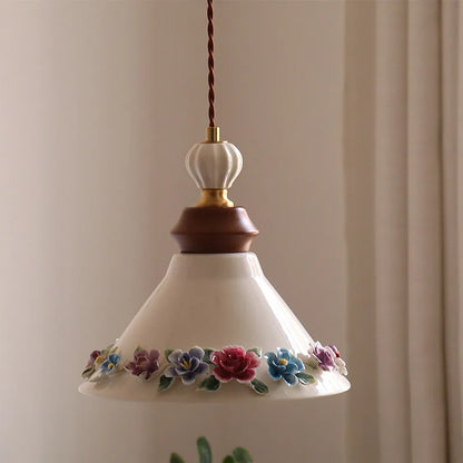 Élise Rose Flower Ceramic LED Pendant Lamp Nordic Wood