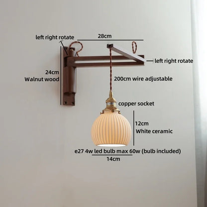 Amélie Walnut Wood Ceramic Wall Lamp with Pull Switch