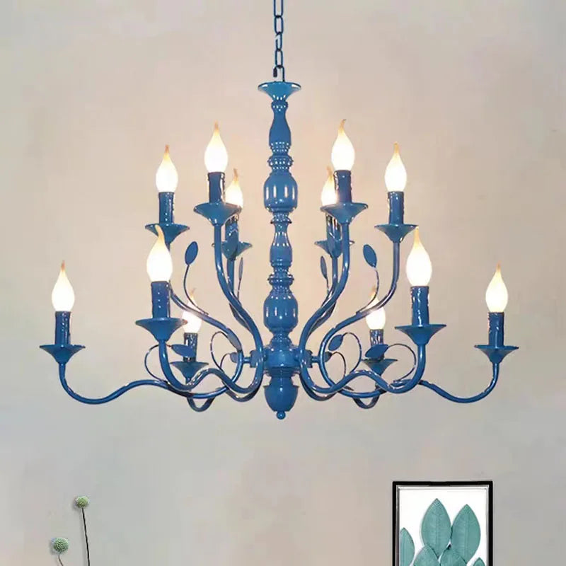 Luxury Rustic Wrought Iron Chandelier with Blue Candle LED Lights for Living Room