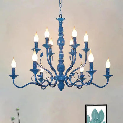Luxury Rustic Wrought Iron Chandelier with Blue Candle LED Lights for Living Room