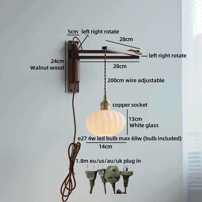 Amélie Walnut Wood Ceramic Wall Lamp with Pull Switch