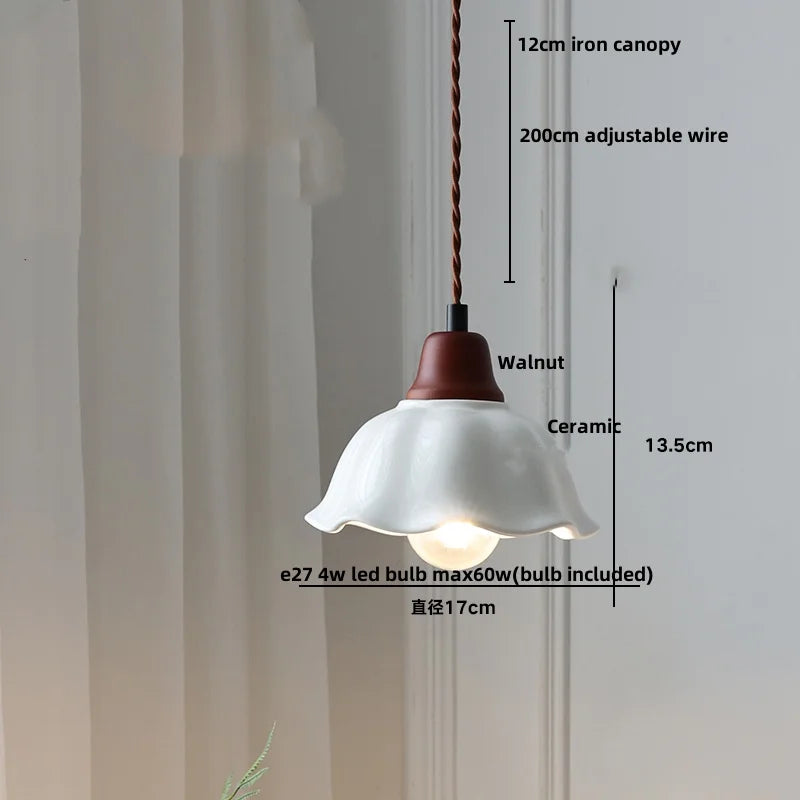 Élise Rose Flower Ceramic LED Pendant Lamp Nordic Wood