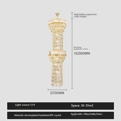 Hollow Spiral Crystal Long Chandelier for Staircase and Living Room