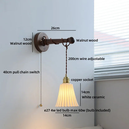 Chloé Ceramic Walnut Wall Lamp with Pull Chain Switch