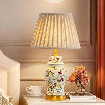 Floral Bird Ceramic Table Lamp with Fabric Shade for Bedroom Study