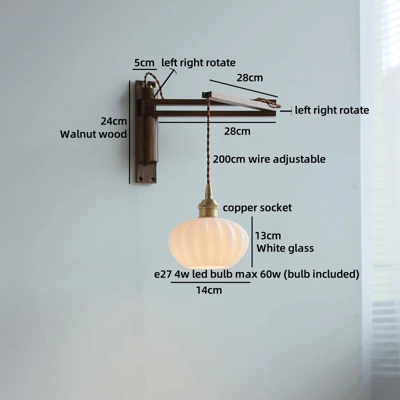 Amélie Walnut Wood Ceramic Wall Lamp with Pull Switch