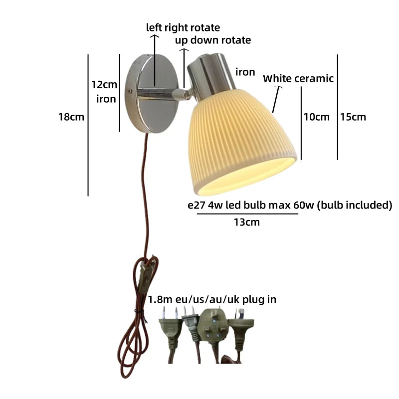 Élodie White Ceramic Iron LED Wall Lamp Switch Nordic