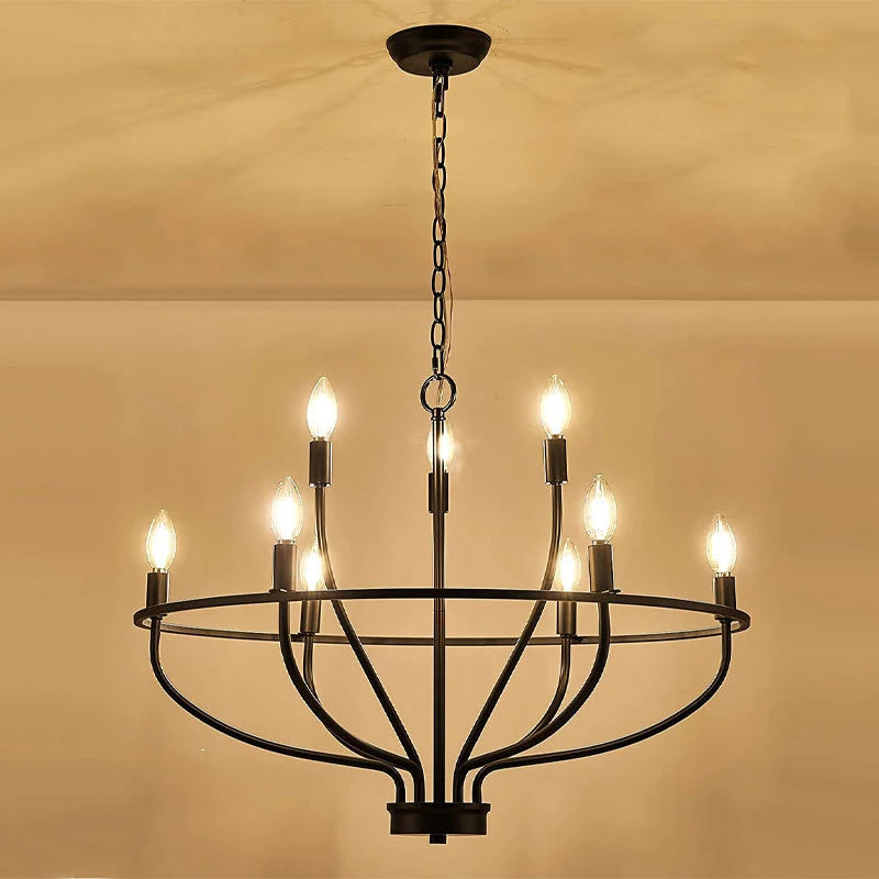 Vintage Round Iron Candle Chandelier for Living and Dining Room