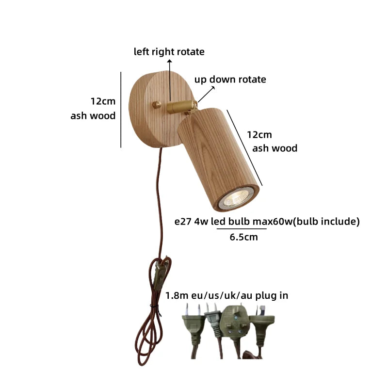 Élise Nordic Ash Wood LED Wall Lamp Pull Chain E27