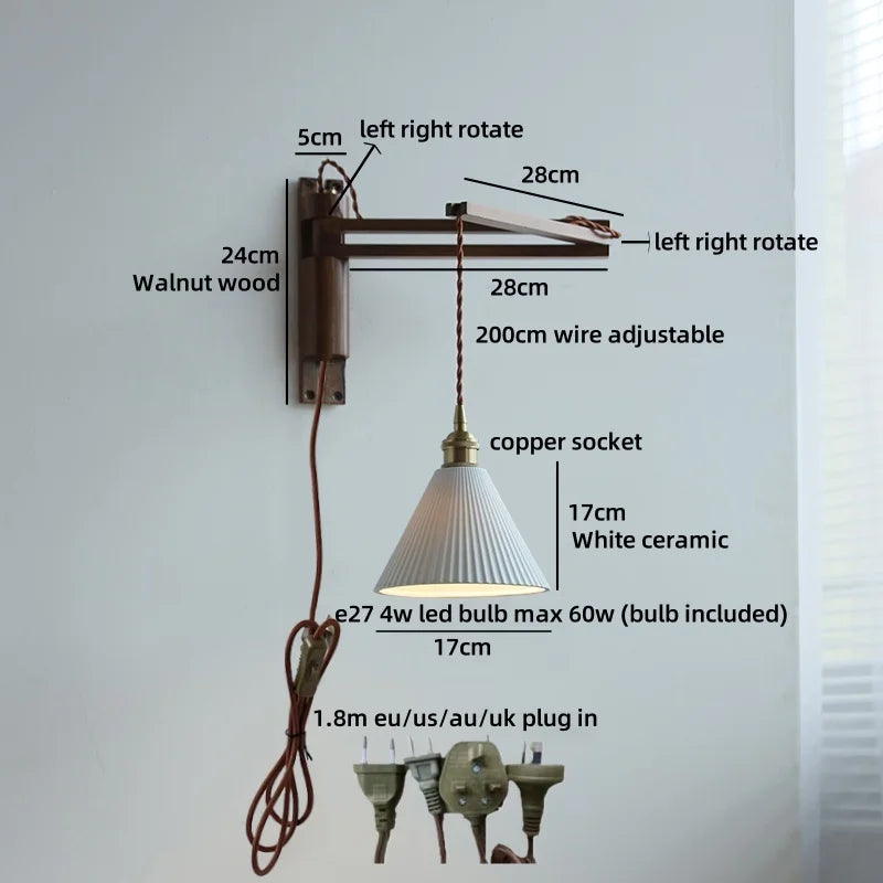 Amélie Walnut Wood Ceramic Wall Lamp with Pull Switch
