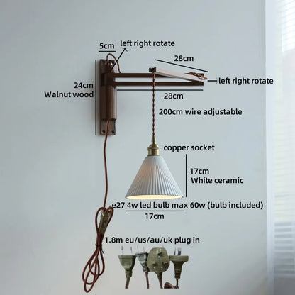 Amélie Walnut Wood Ceramic Wall Lamp with Pull Switch