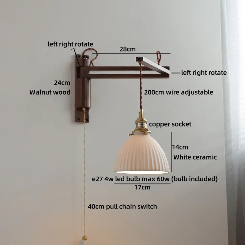 Amélie Walnut Wood Ceramic Wall Lamp with Pull Switch