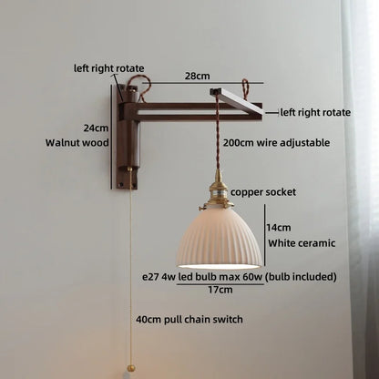 Amélie Walnut Wood Ceramic Wall Lamp with Pull Switch