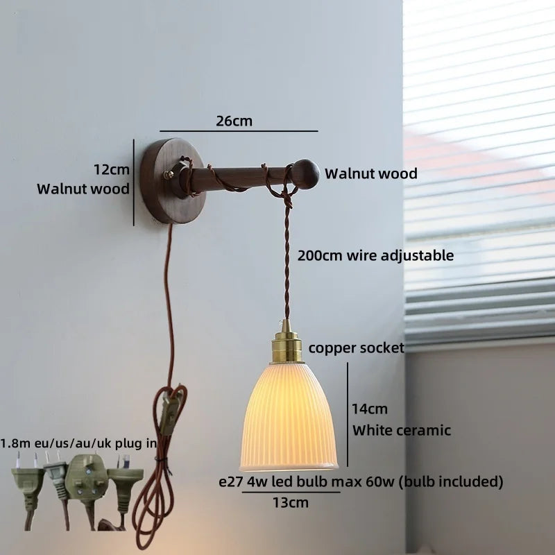Chloé Ceramic Walnut Wall Lamp with Pull Chain Switch