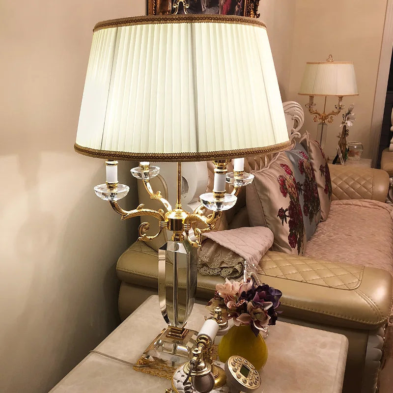 Luxury Crystal LED Table Lamp with Fabric Shade for Bedroom and Living Room