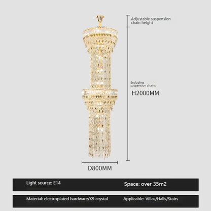 Hollow Spiral Crystal Long Chandelier for Staircase and Living Room