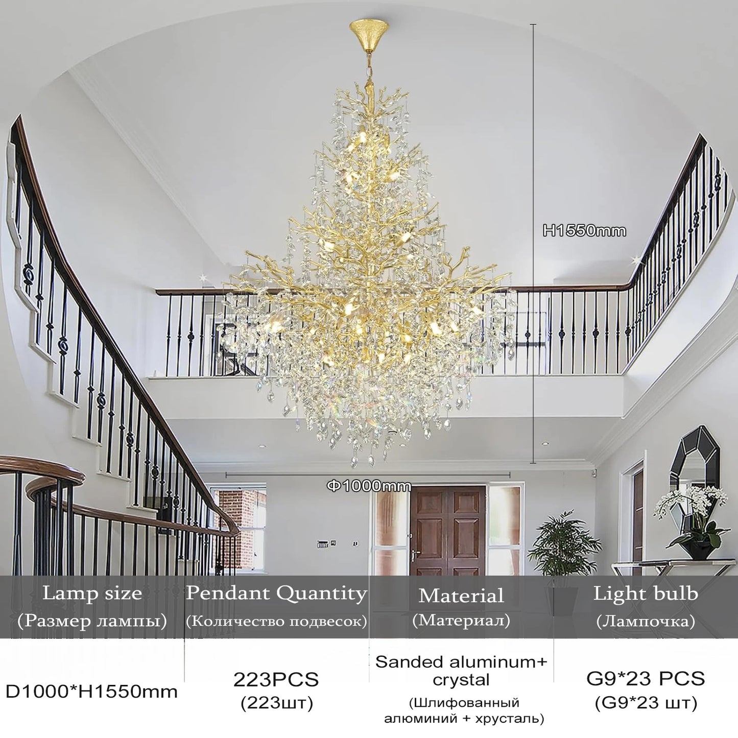 Crystal Tree Branch Pendant Chandelier for Loft and Staircase