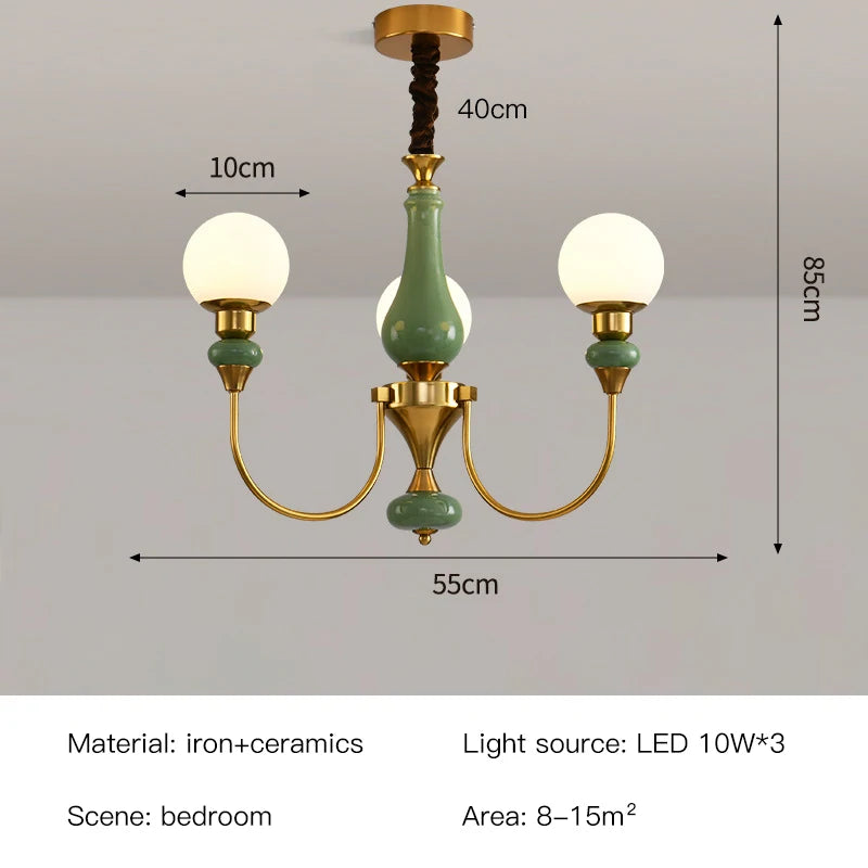 Minimalist Retro Gold Ceramic Chandelier with LED Lights for Bedroom and Loft