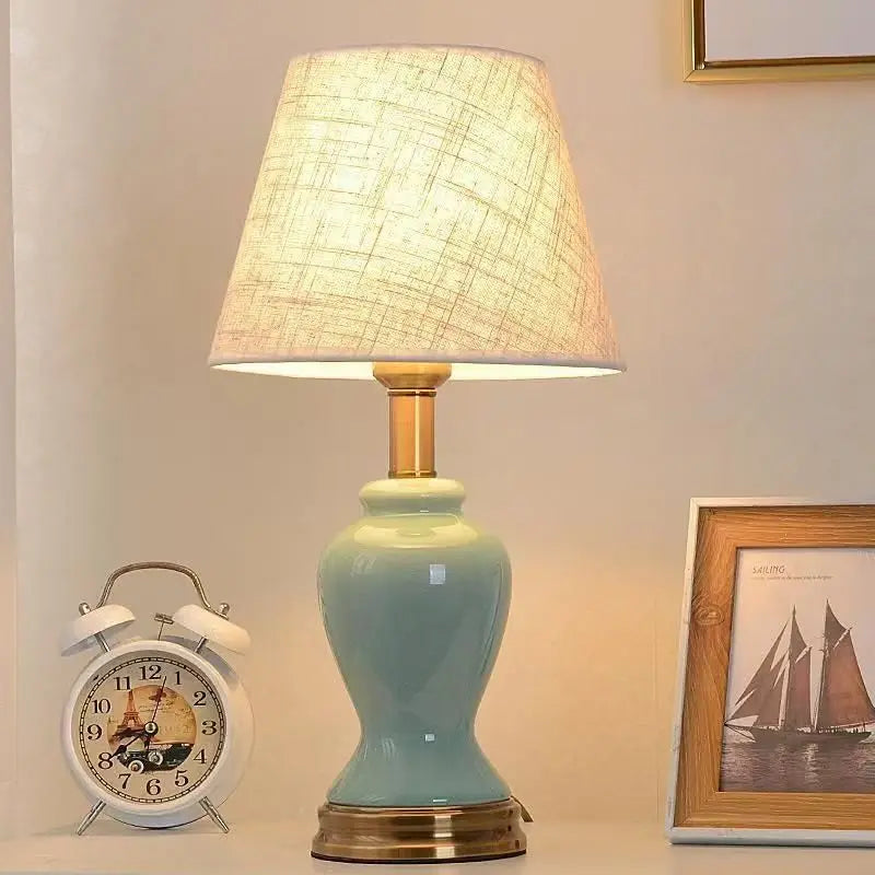 Retro Painted Ceramic LED Floor Lamp with Pleated Fabric Shade