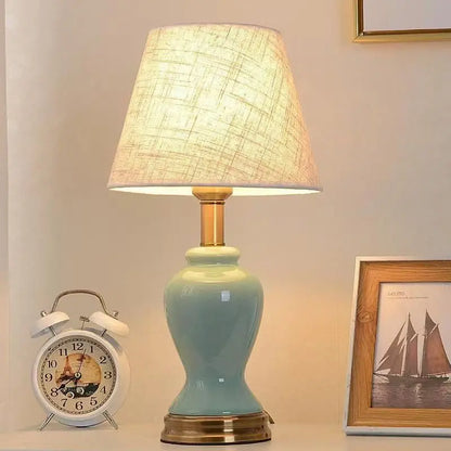 Retro Painted Ceramic LED Floor Lamp with Pleated Fabric Shade