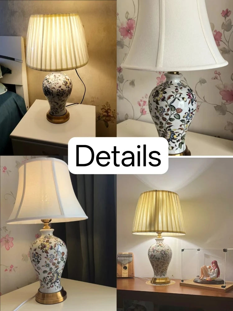 Retro Painted Ceramic LED Floor Lamp with Pleated Fabric Shade