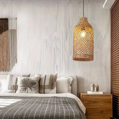 Élise Japanese Rattan Pendant Light E27 Woven LED Chandelier Beige