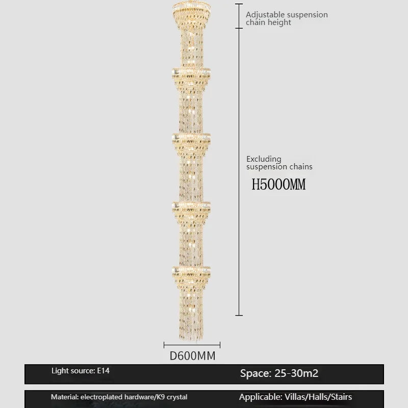 Hollow Spiral Crystal Long Chandelier for Staircase and Living Room
