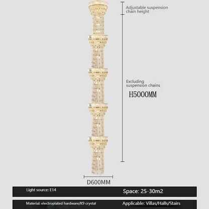 Hollow Spiral Crystal Long Chandelier for Staircase and Living Room