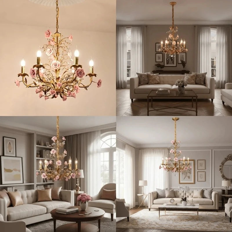 Chloé French Rose Gold Ceramic Flower 5-Light Pendant Lamp