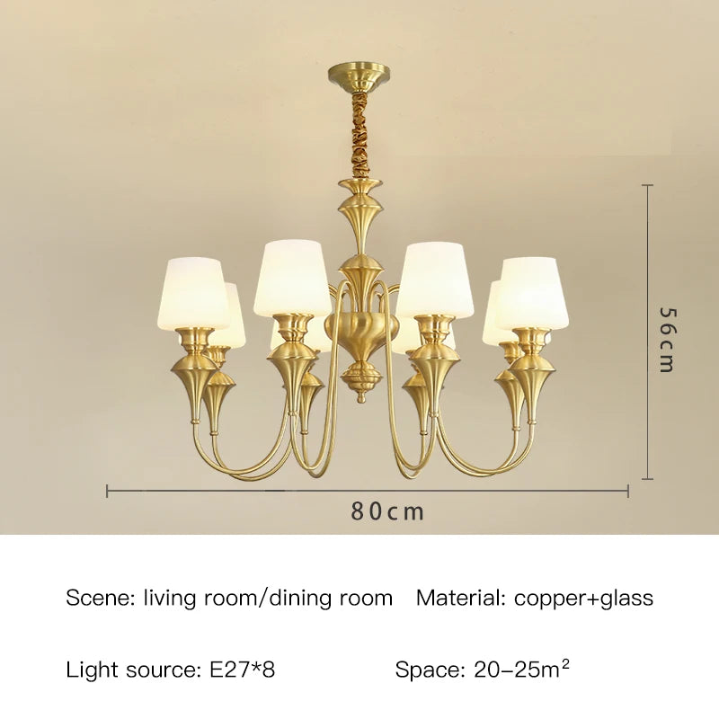 Classic Copper Ceiling Chandelier with Frosted Glass Shades for Living Room