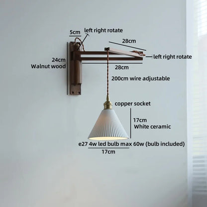 Amélie Walnut Wood Ceramic Wall Lamp with Pull Switch