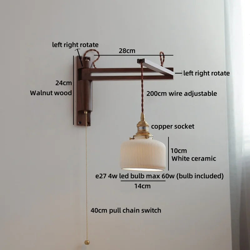 Amélie Walnut Wood Ceramic Wall Lamp with Pull Switch