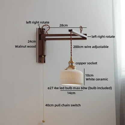 Amélie Walnut Wood Ceramic Wall Lamp with Pull Switch
