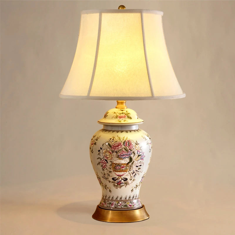 Neoclassical Ceramic Table Lamp with Fabric Shade for Bedroom and Living