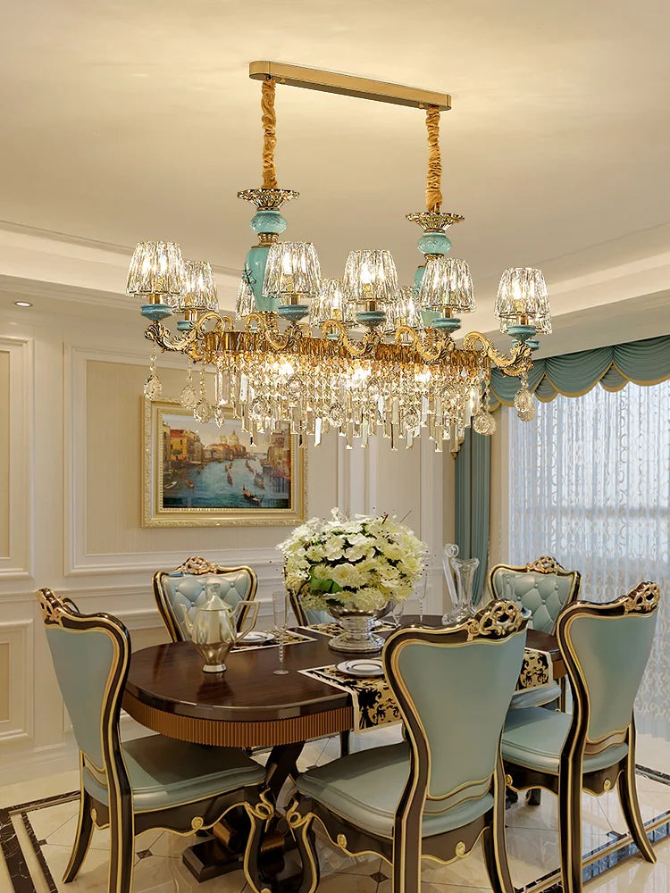 Sophie Long Crystal Stained Glass Dining Chandelier Light