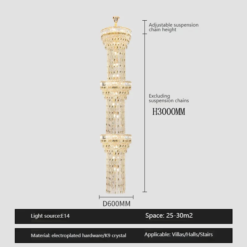 Hollow Spiral Crystal Long Chandelier for Staircase and Living Room
