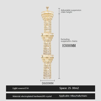 Hollow Spiral Crystal Long Chandelier for Staircase and Living Room