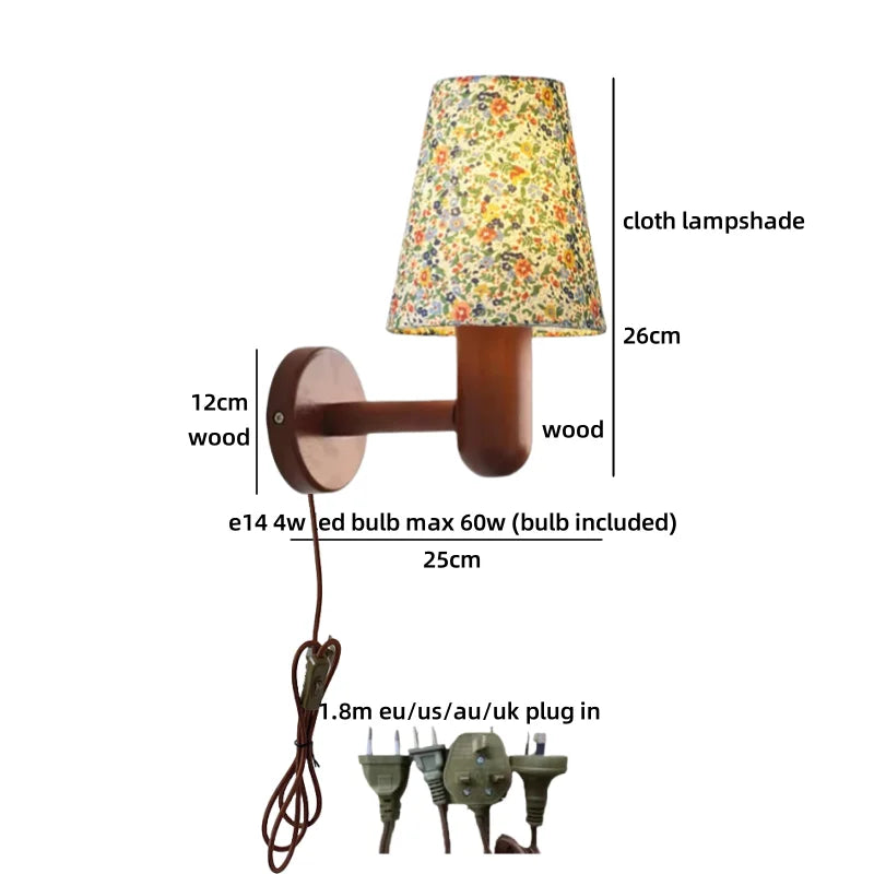Élodie Fabric Shade Wall Lamp with Wooden Base Switch
