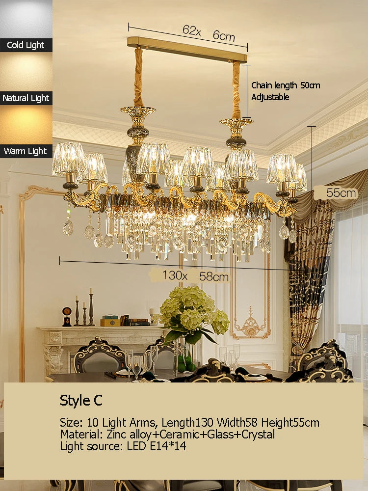 Sophie Long Crystal Stained Glass Dining Chandelier Light