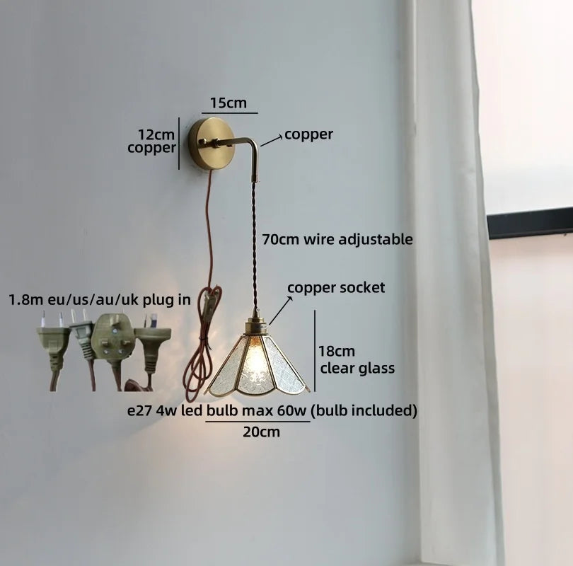 Élise Vintage Gold Glass Copper LED Wall Lamp Brass Arm