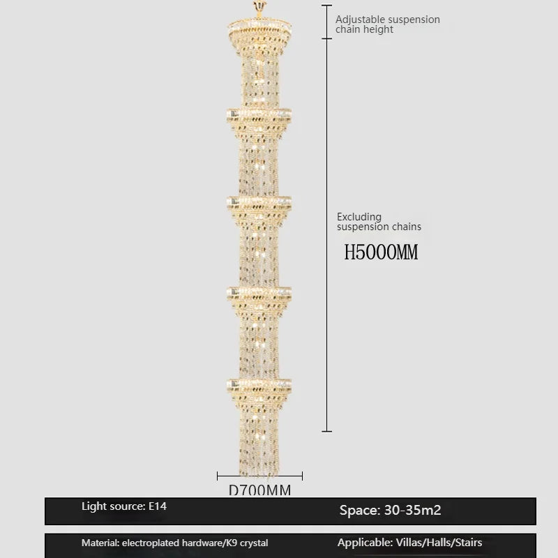 Hollow Spiral Crystal Long Chandelier for Staircase and Living Room