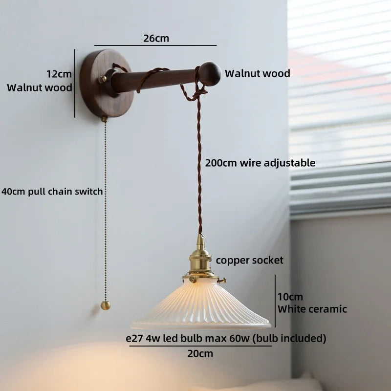 Chloé Ceramic Walnut Wall Lamp with Pull Chain Switch