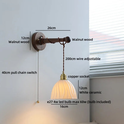 Chloé Ceramic Walnut Wall Lamp with Pull Chain Switch