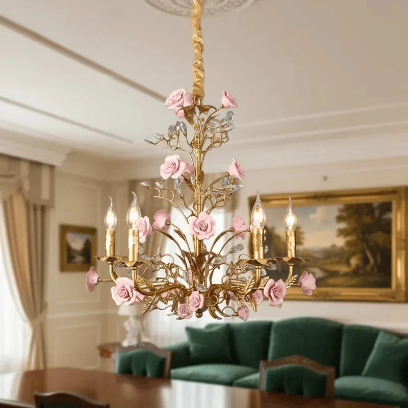 Chloé French Rose Gold Ceramic Flower 5-Light Pendant Lamp