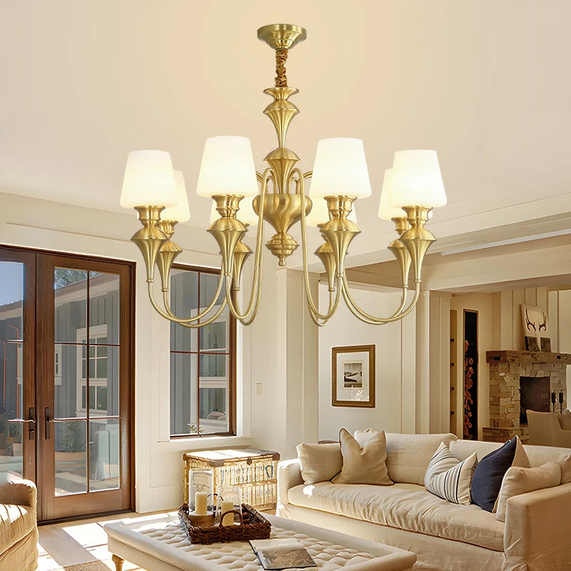 Classic Copper Ceiling Chandelier with Frosted Glass Shades for Living Room