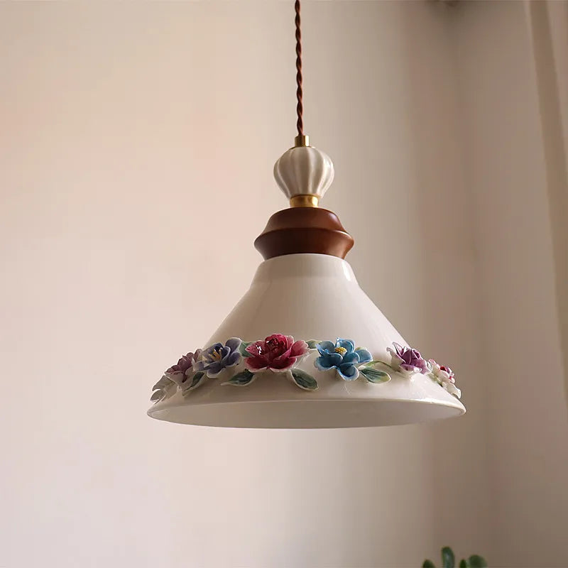 Élise Rose Flower Ceramic LED Pendant Lamp Nordic Wood