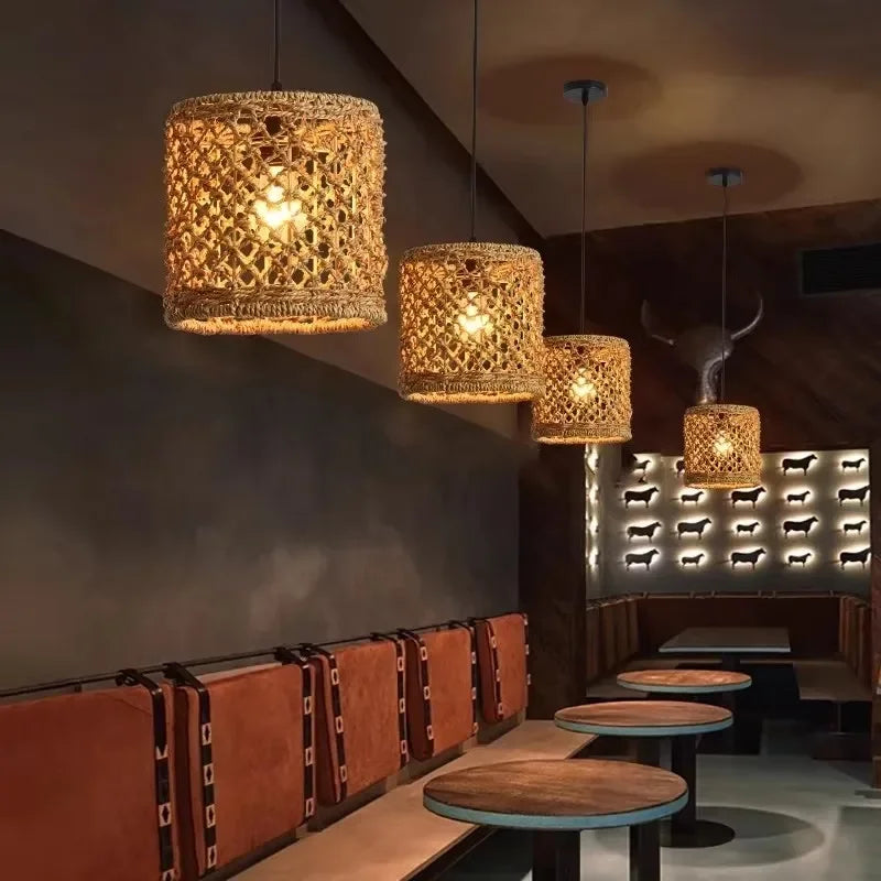 Élise Japanese Rattan Pendant Light E27 Woven LED Chandelier Beige