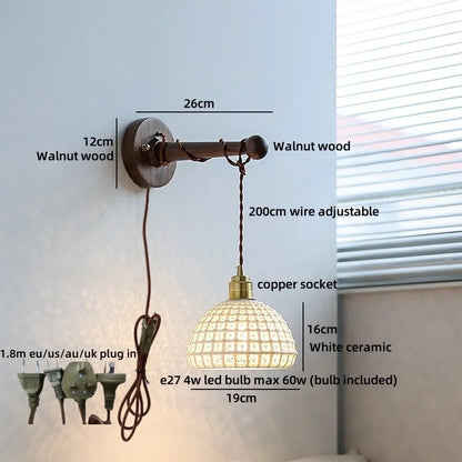 Chloé Ceramic Walnut Wall Lamp with Pull Chain Switch
