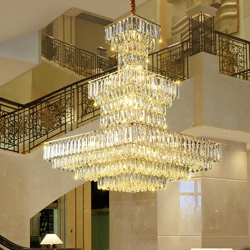 Long Hollow Crystal Staircase Pendant Chandelier for Duplex Hall